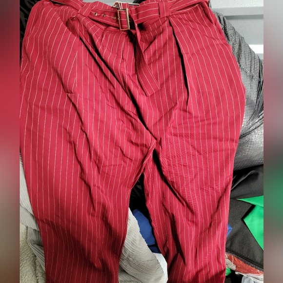 Red Pinstripe Pleated Pants + gold belt - Picture 3 of 10